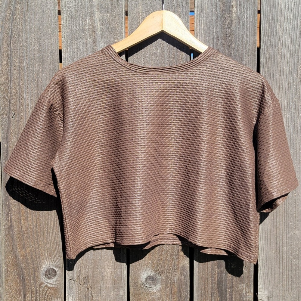 NOLI Sport Brown Liquid Mesh Textured Honeycomb Boxy Cropped T-Shirt L Yoga